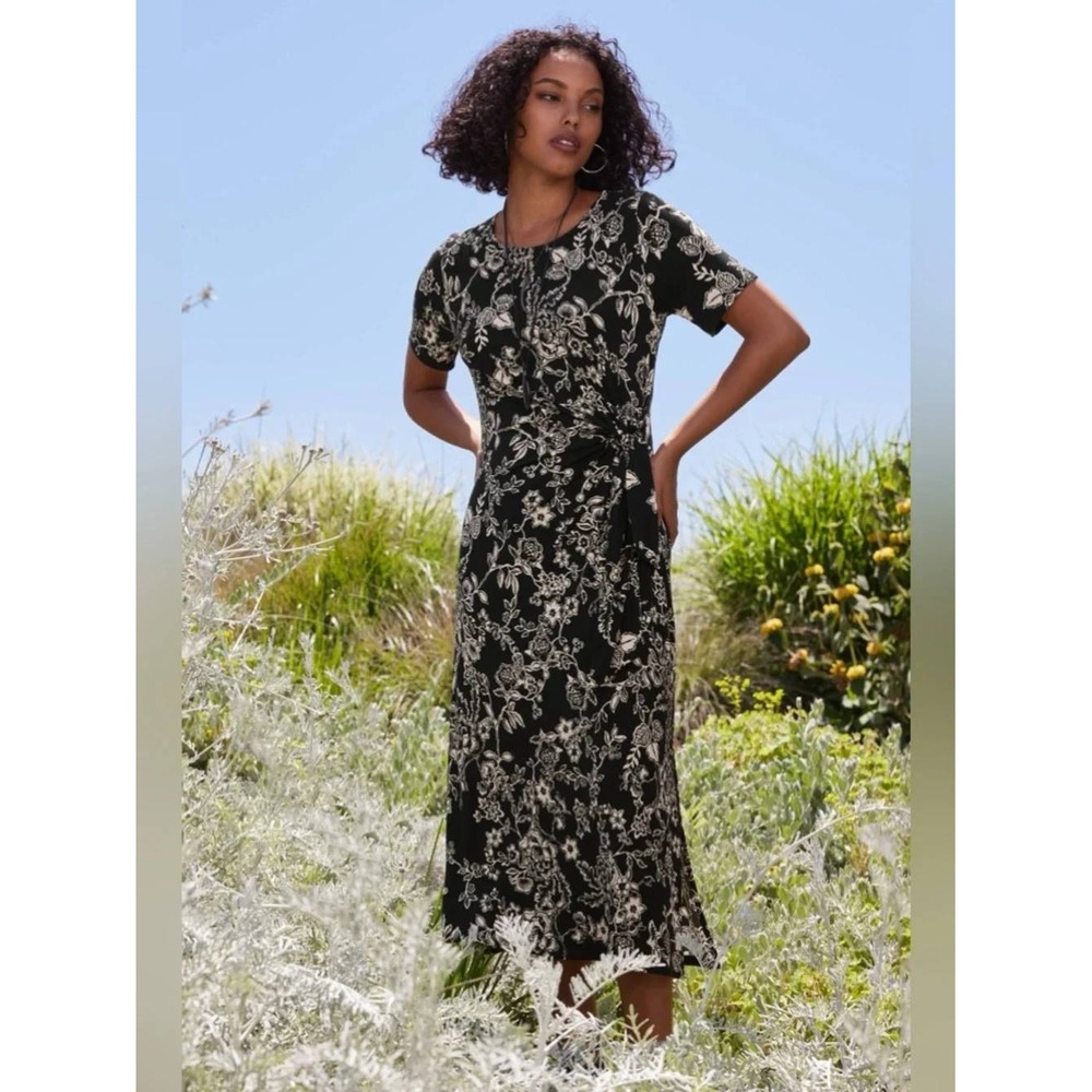 Johnny Was‎ Janie Midi Dress Black Floral Print Knotted Side XXL Elevated Boho